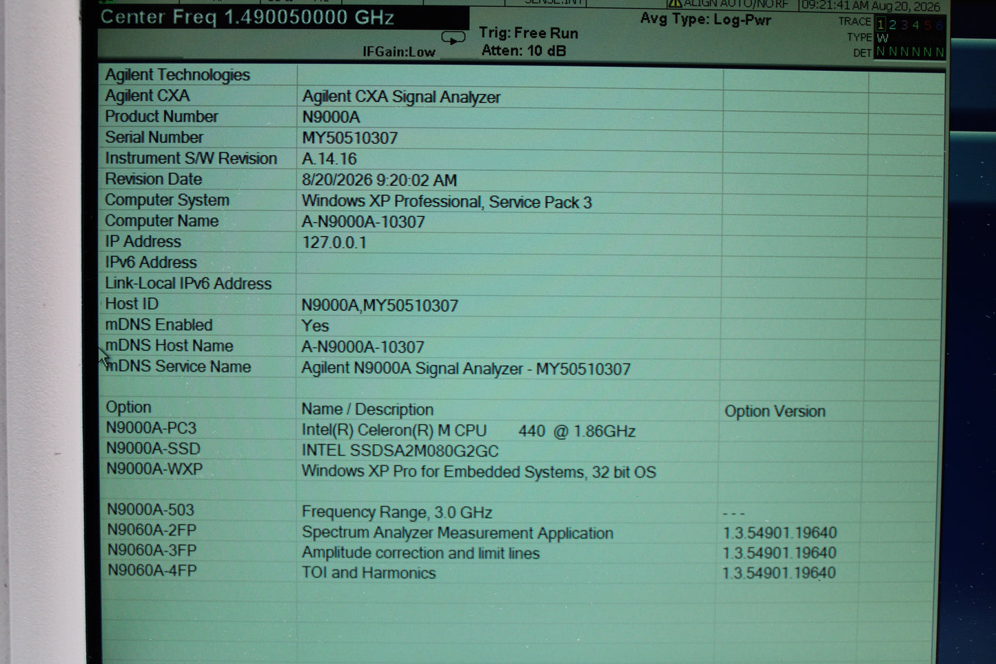 Agilent Technologies N9000A CXA Analyzer 9kHz-3GHz Signal Spectrum Analyzer
