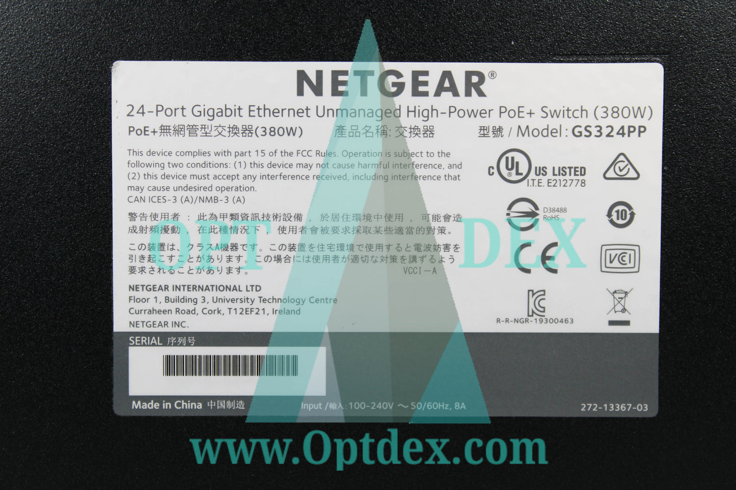 Netgear 24 Port Gigabit Ethernet Unmanaged PoE+ Switch (380W) - GS324PP