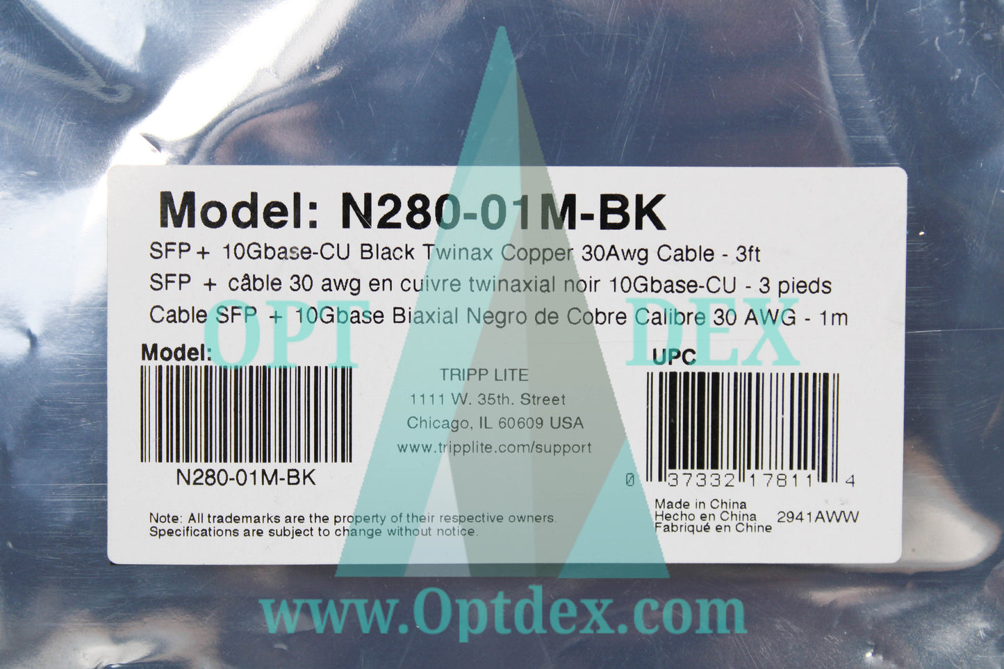 Tripp Lite SFP+ 10GBase-CU Black Twinax Copper 30Awg Cable, 3ft - N280-01M-BK