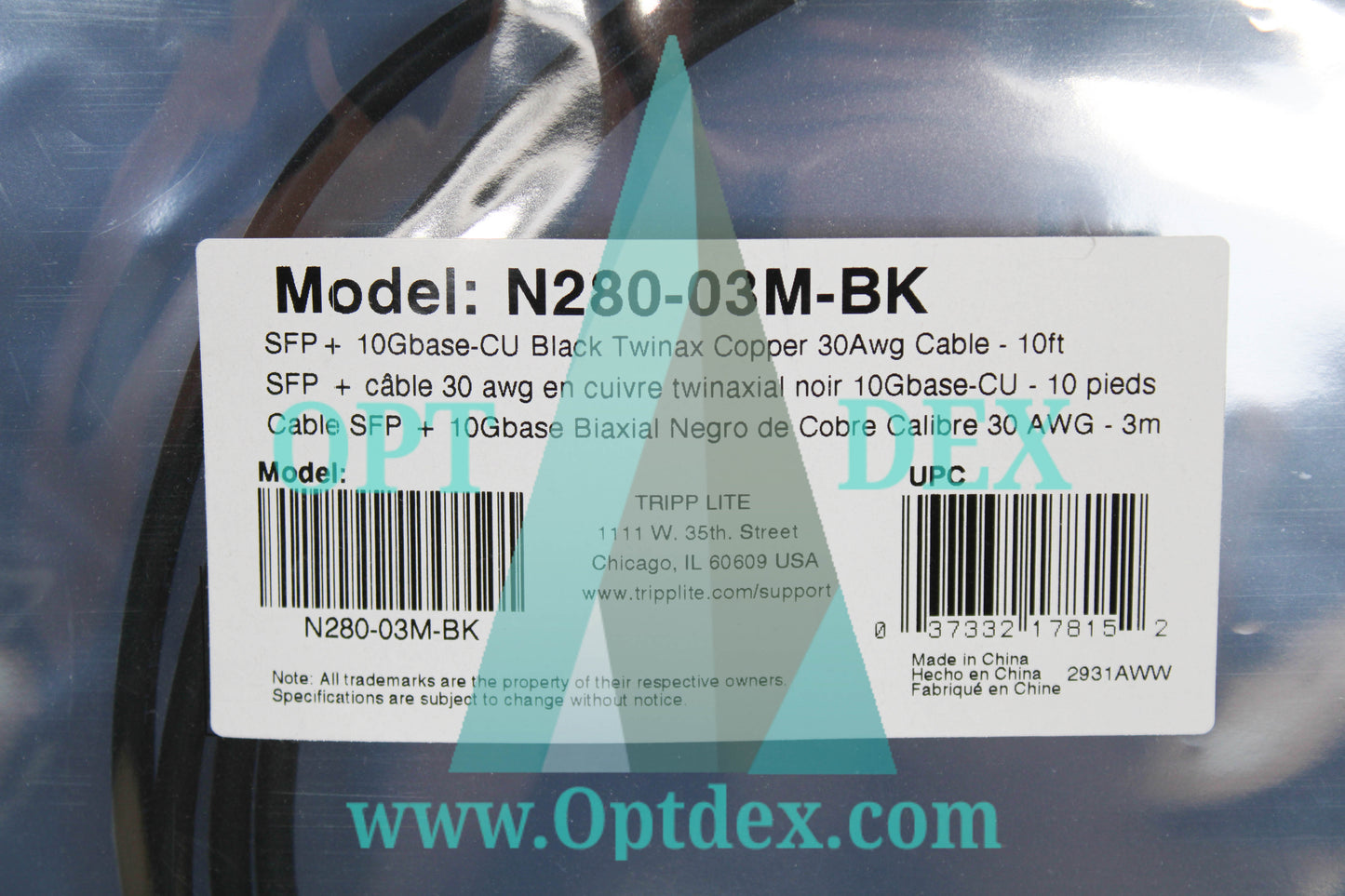 Tripp-Lite SFP+ 10GBase-CU Black Twinax Copper 30Awg Cable, 10ft - N280-03M-BK